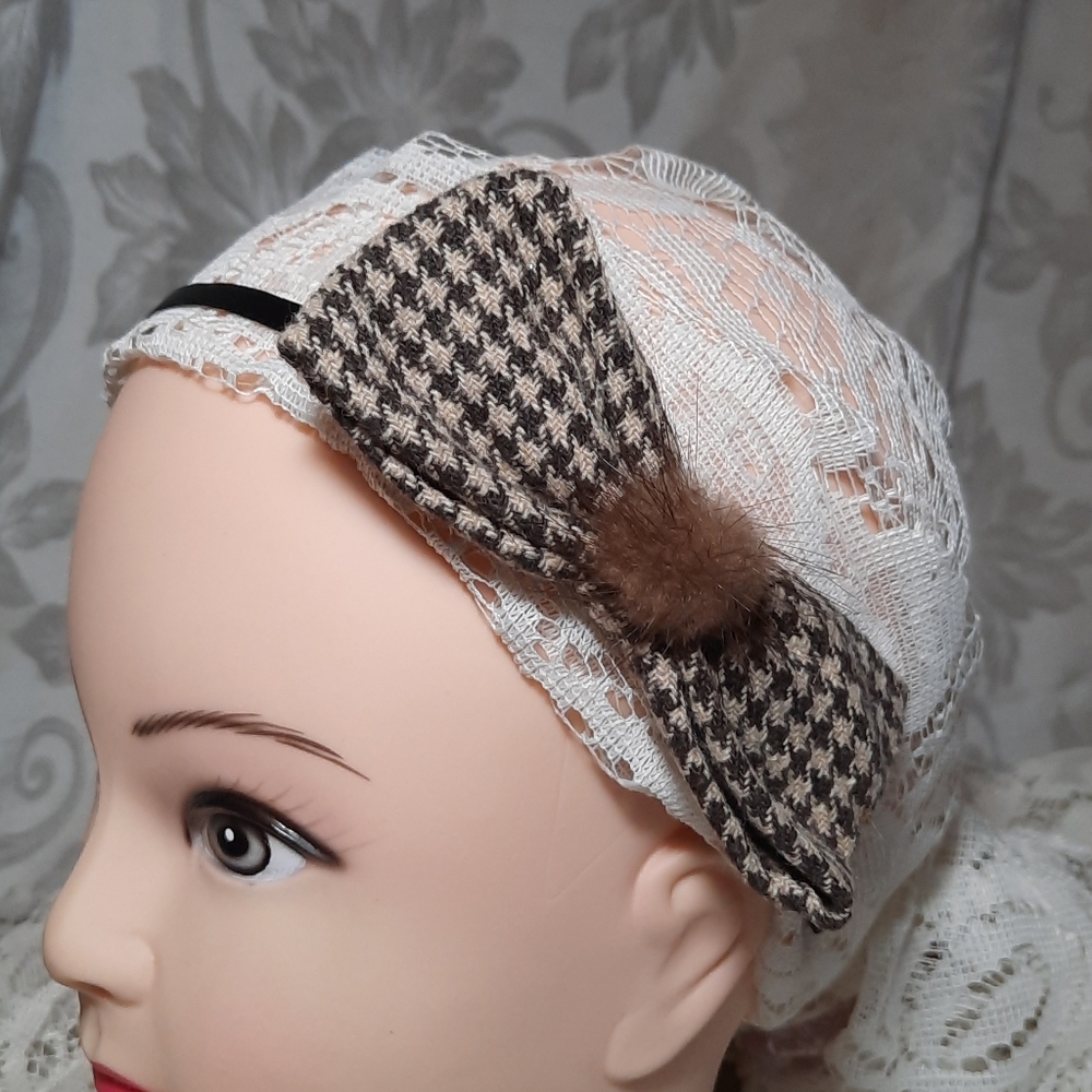 Unique Brown/Tan Houndstooth Bow Hairband